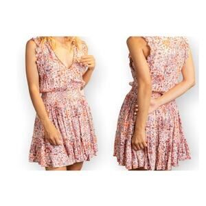 Poupette St Barth Size S Pink Murrina Floral Print Ruffle Trim Triny Mini Dress